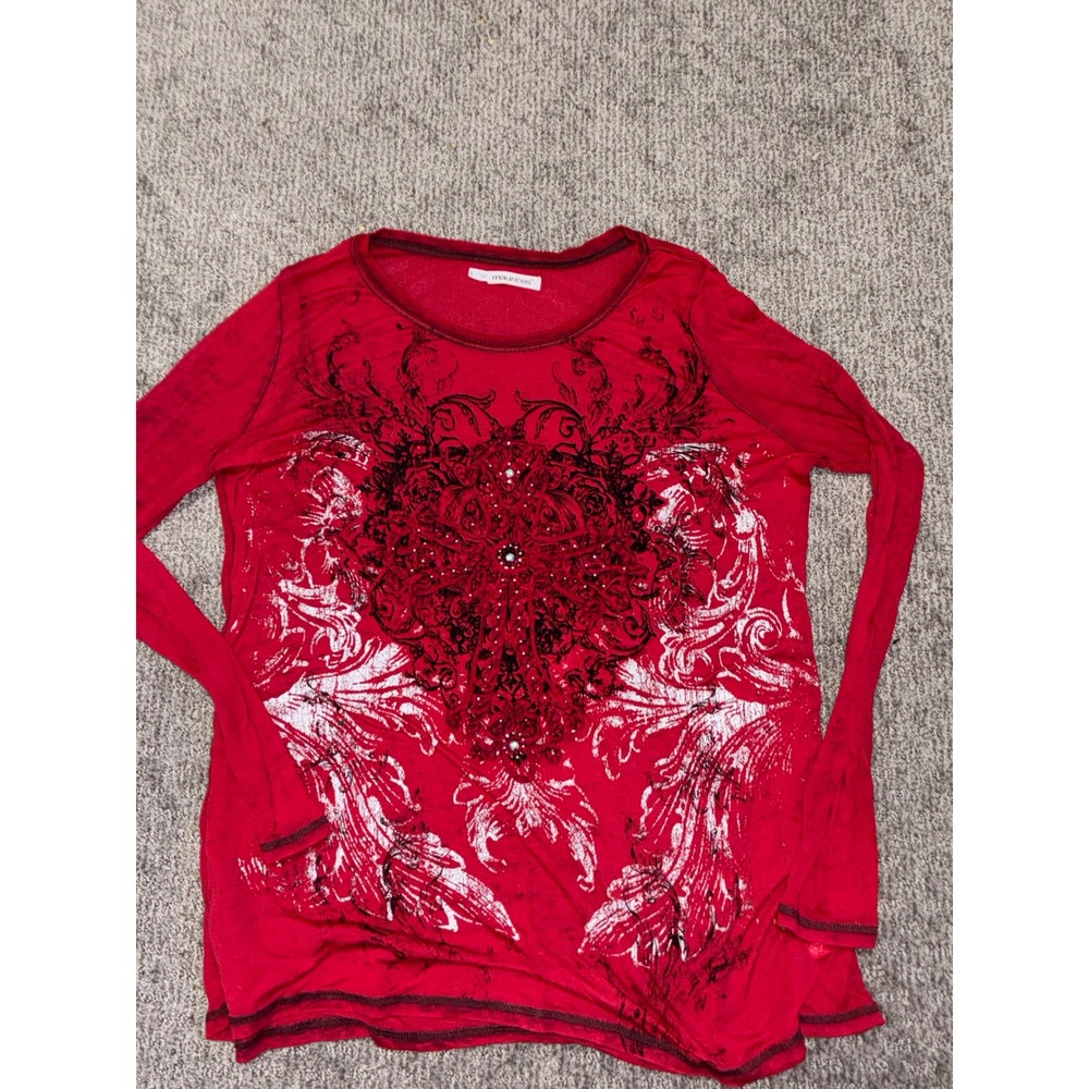 Maurices Womens Red Gothic Graphic Cross Rhinestone Long Sleeve Top Size 1